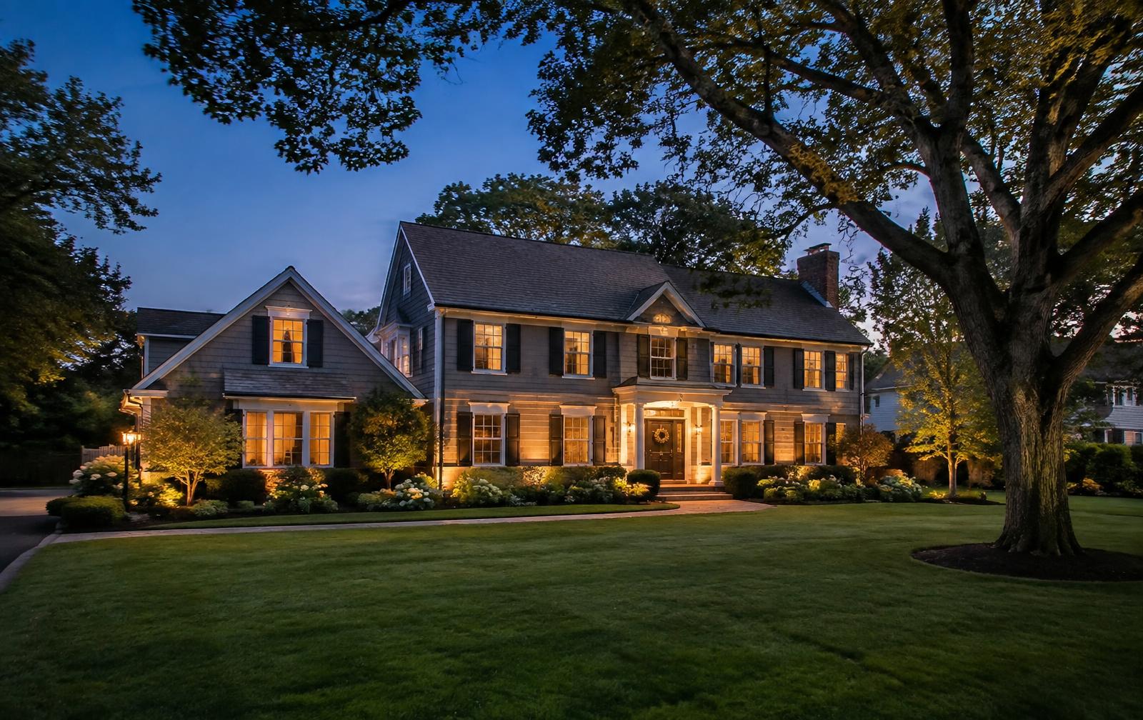 Lit colonial home at dusk on Long Island's North Shore
